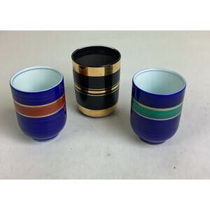 Set Of 2 Kotubuki Japanese Blue Striped Cups & 1 Black Gold Cup